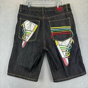 Y2K M2 Baggy Jean Short Mens 38 Hip Hop Embroider Sneaker Black Denim Streetwear